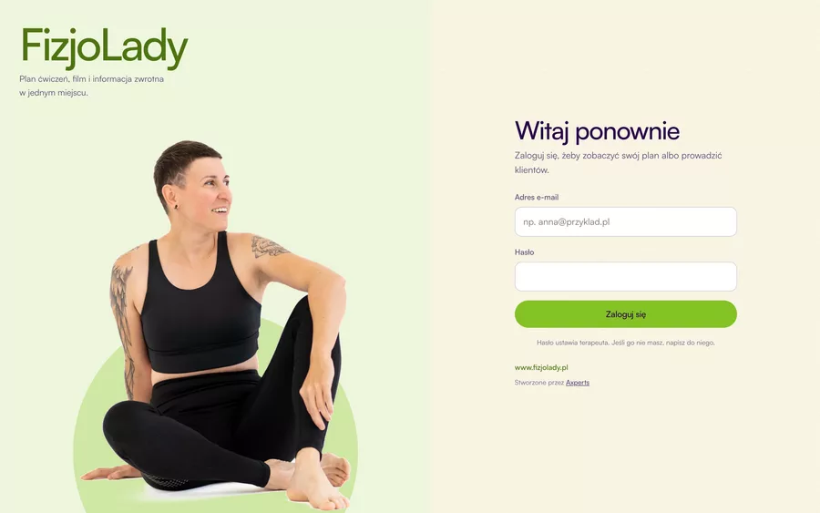 FizjoLady, ekran logowania do aplikacji z planem ćwiczeń